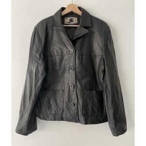 JLC Women's Black Leather Jacket XL Collared Buttons Pockets Y2K Minimalist Coat